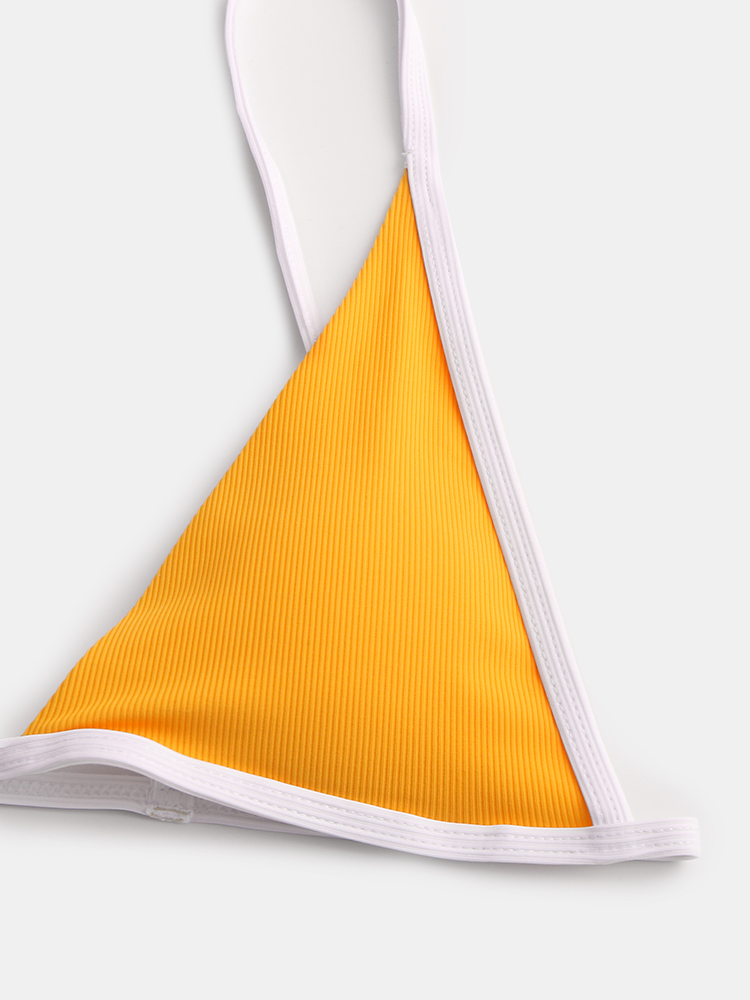 Women Triangle Rib Solid Color Thong Bikini Backless Swimwear