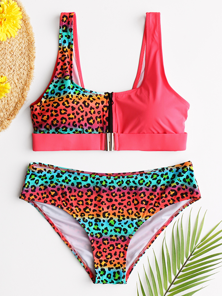 Women Leopard Patchwork Front Zipper Bikini Backless Swimwear