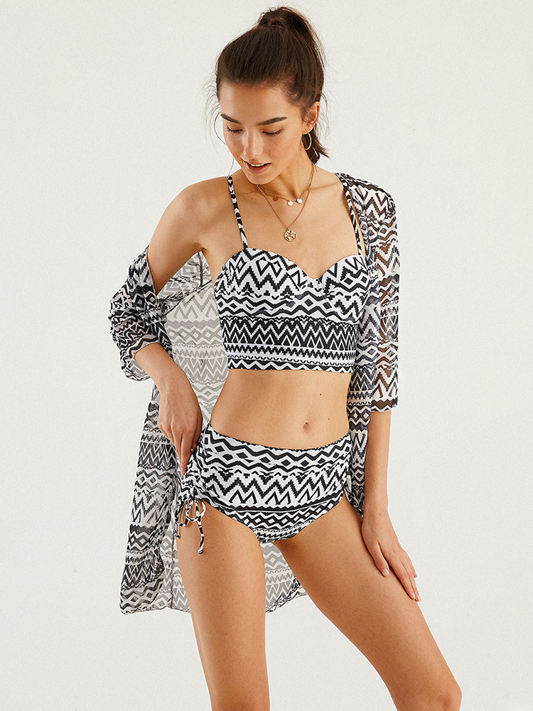 Women Vintage Ethnic Print Push Up Bandage Hot Bikini Cover Ups Three Pieces