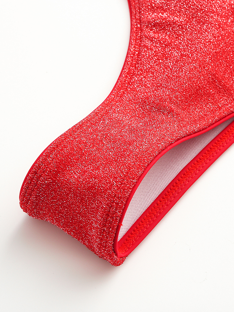 Women Solid Color Back Tie Spaghetti Straps Backless Swimwear Thong Bikini