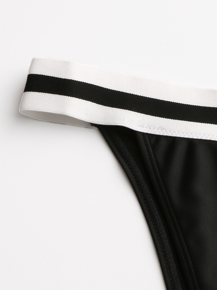 Women Striped Trim Spaghetti Straps Backless Bikini Thong Swimsuit