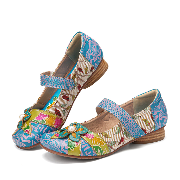 SOCOFY Retro Flower Decor Printed Cowhide Leather Stitching Cloth Comfy Round Toe Casual Flat Shoes