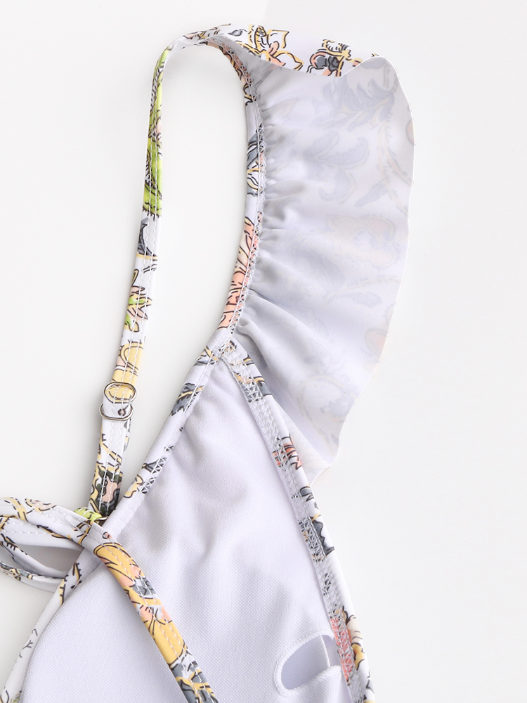 Women Design Floral Print String Ruffles Straps One Piece Backless Swimwear