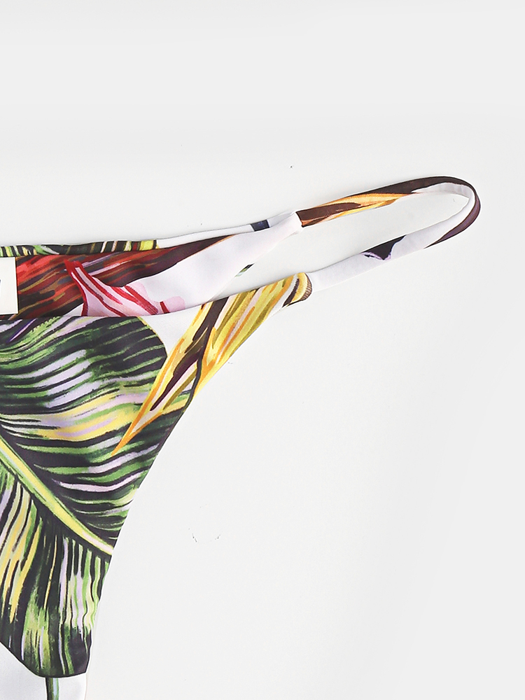 Women Tropical Print Bandeau Bikini Thong Backless Swimsuit