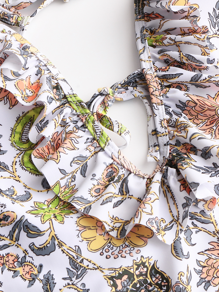 Women Design Floral Print String Ruffles Straps One Piece Backless Swimwear