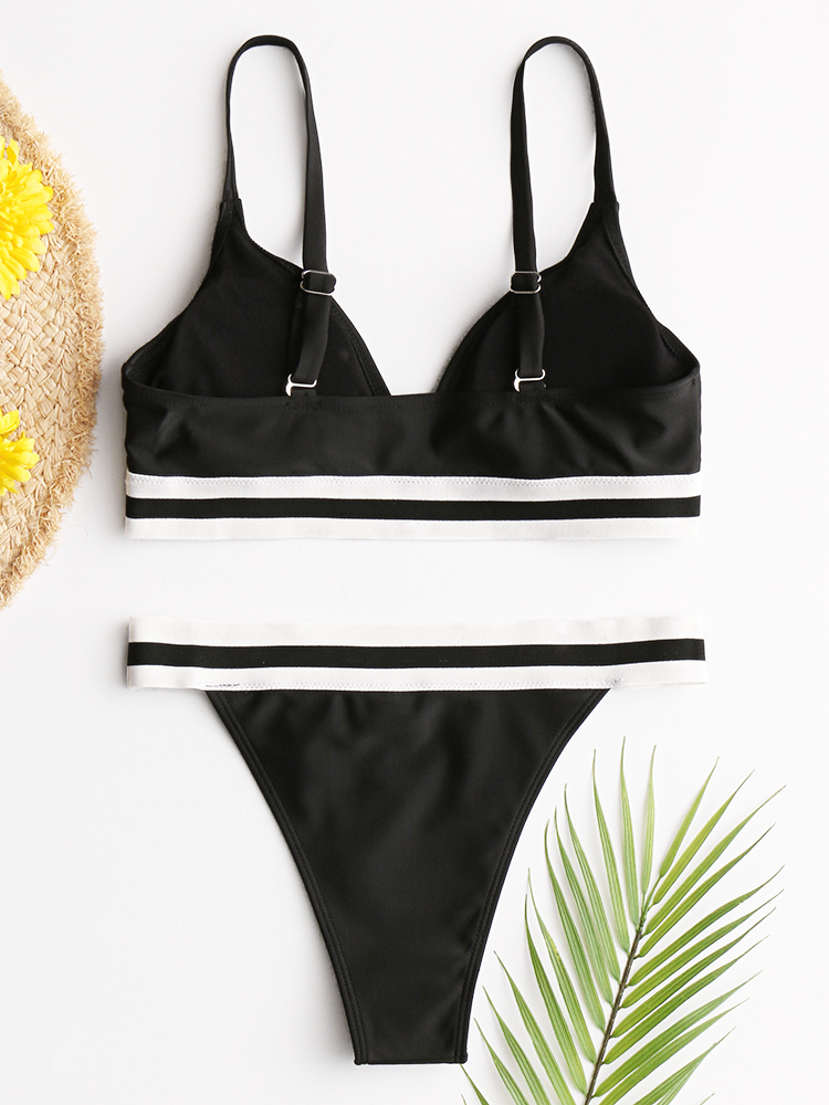 Women Striped Trim Spaghetti Straps Backless Bikini Thong Swimsuit
