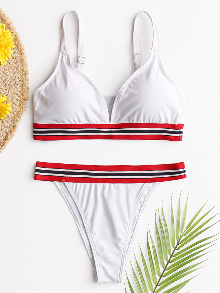 Women Striped Trim Spaghetti Straps Backless Bikini Thong Swimsuit
