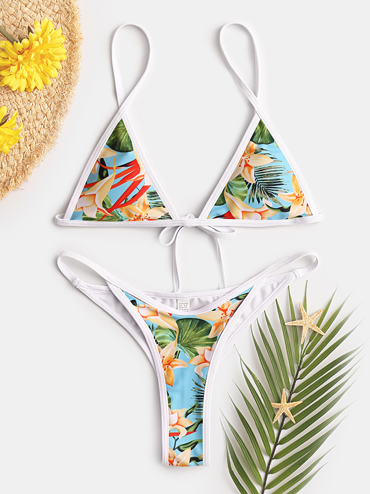 Women Tropical Print Triangle String Hot Swimwear Backless Bikini