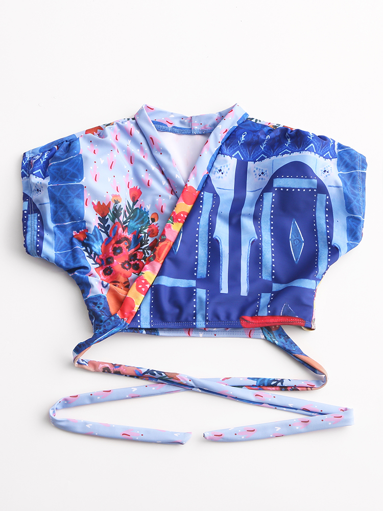 Women Tropical Leaves Print Swimsuit String Short Sleeve High Waist Bikini