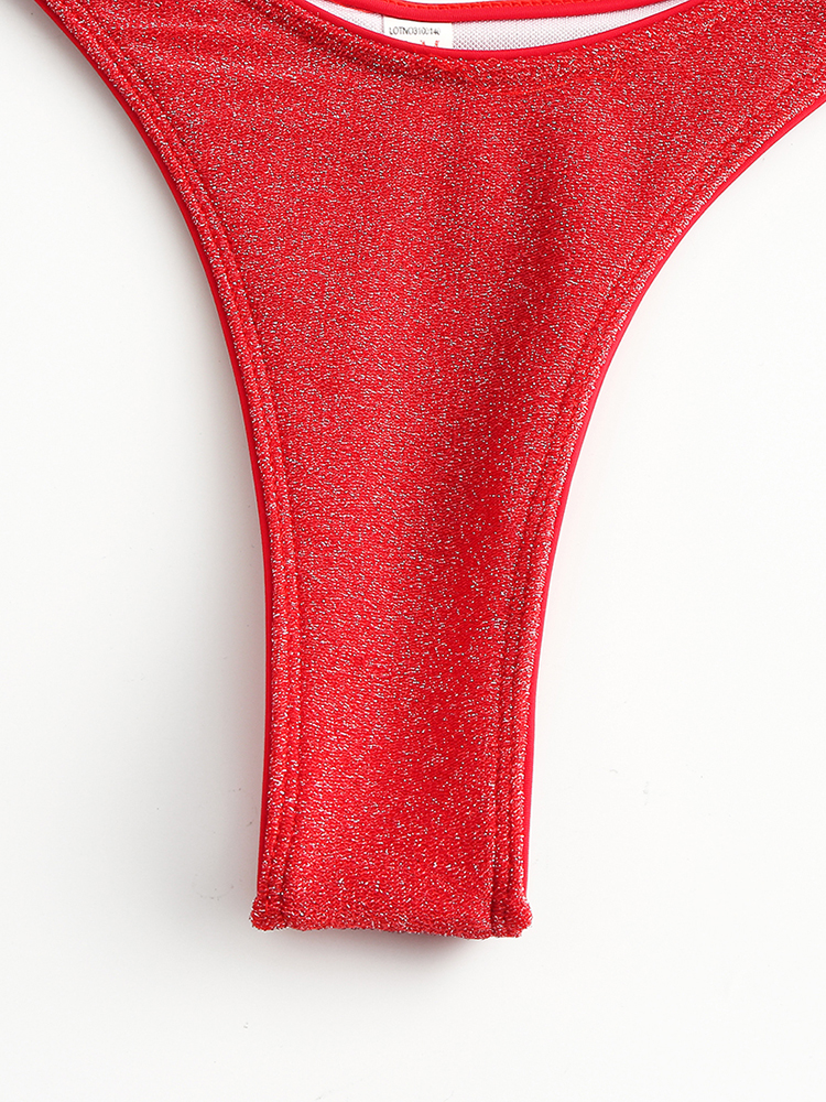 Women Solid Color Back Tie Spaghetti Straps Backless Swimwear Thong Bikini