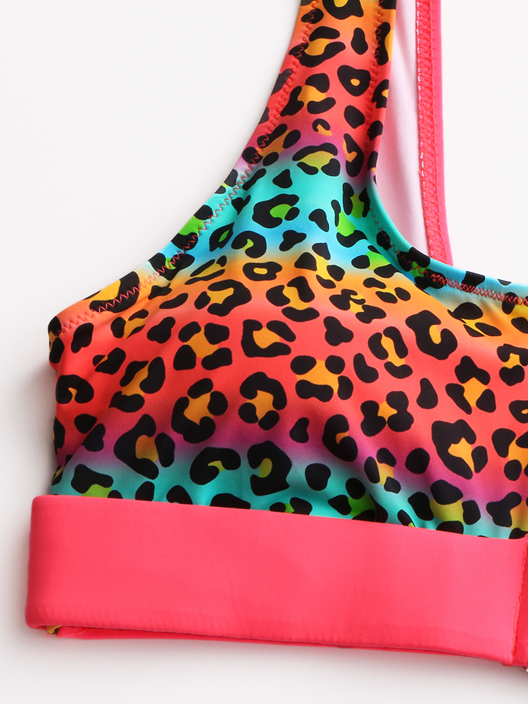 Women Leopard Patchwork Front Zipper Bikini Backless Swimwear