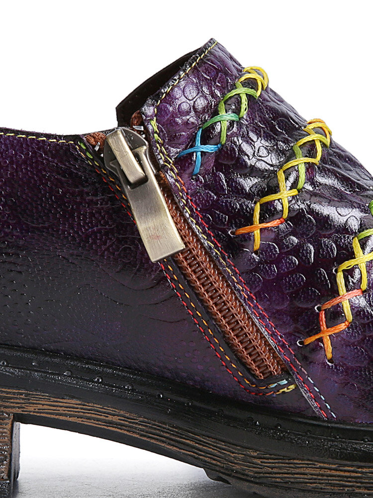  Retro Ethnic Loafers Shoes Printed Embossed Patched Stitching Leather Side Zipper Flats