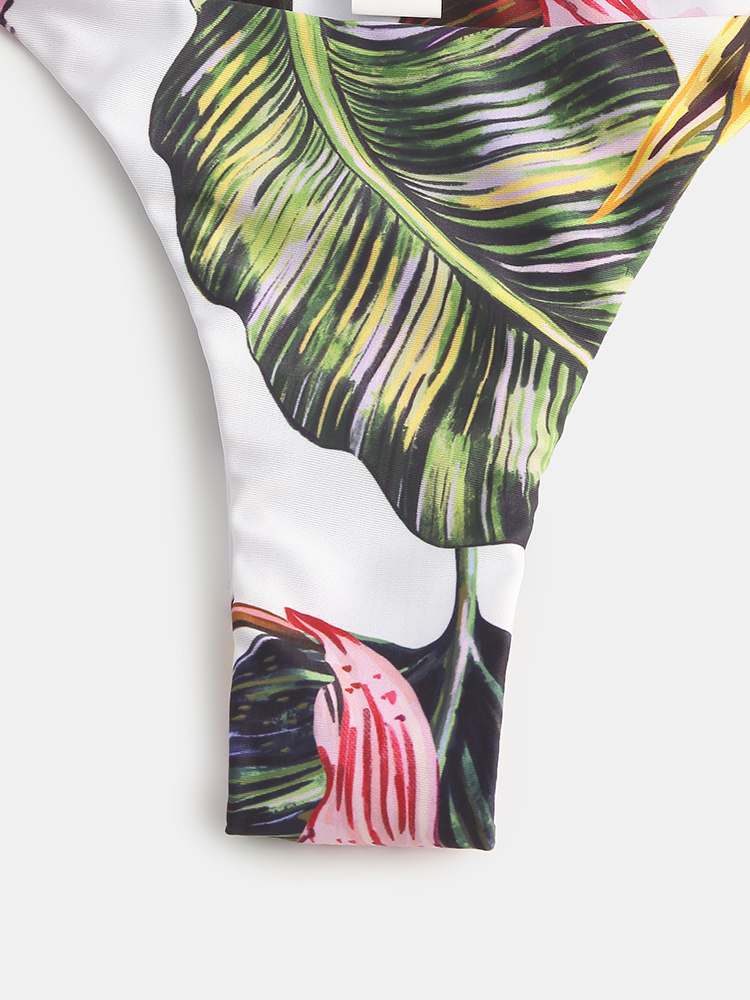 Women Tropical Print Bandeau Bikini Thong Backless Swimsuit