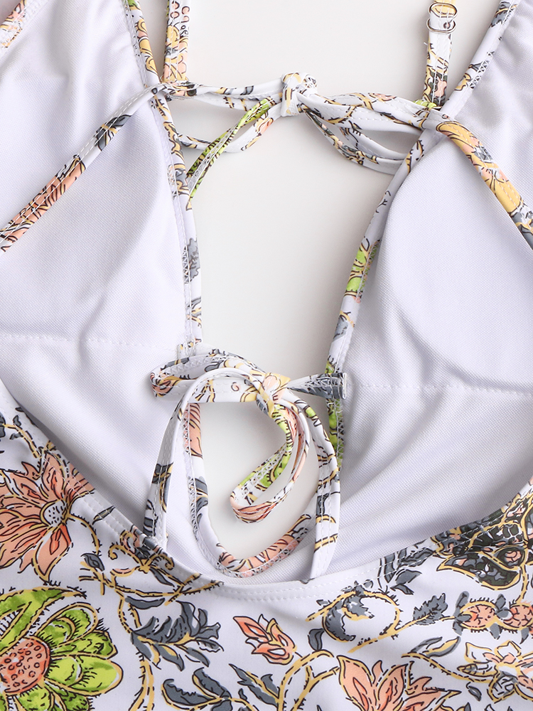 Women Design Floral Print String Ruffles Straps One Piece Backless Swimwear